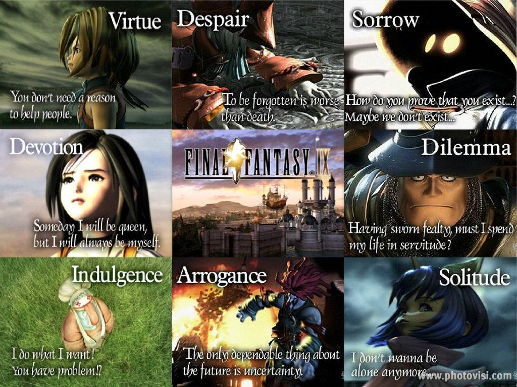 A 3x3 grid of images, with the center saying Final Fantasy IX, and each surrounding square has a character, title, and quote