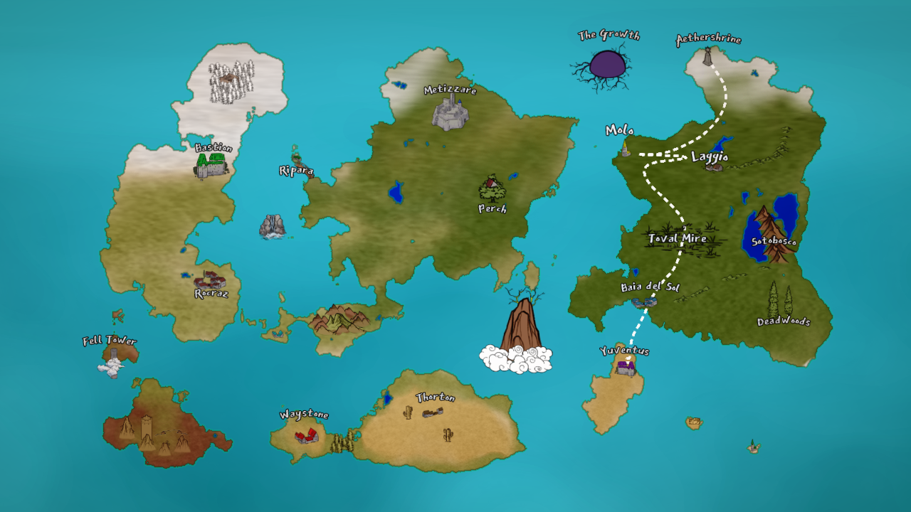 A map for the game, featuring three larger continents and then several smaller ones along the bottom. A dotted line is on the right continent depicting the player's path.