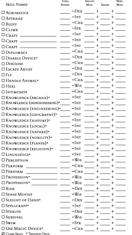 A list of skills from Pathfinder 1st edition, about 40 entries long